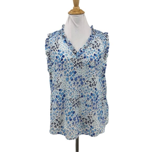 Maison d Amelie Tank Blouse Womens S Small Blue Floral Sleeveless Ruffle V Neck - Picture 1 of 11